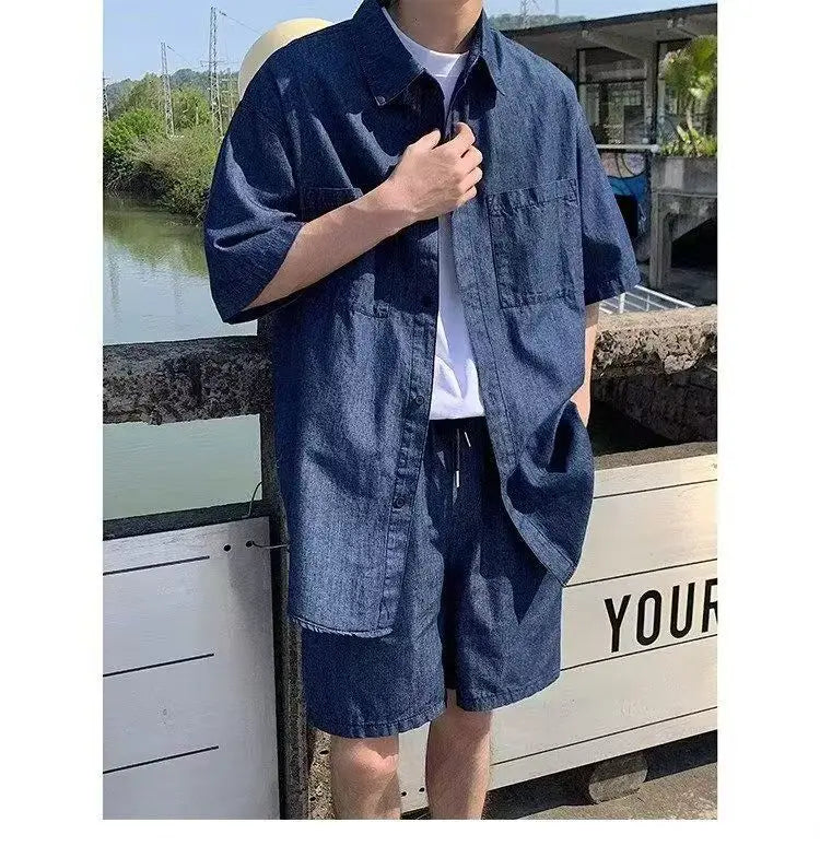 HEARUJOY  -  Summer Men set Retro Trendy Brand Hong Kong-style Denim Short-sleeved Shirts Shorts Casual Sportswear Men Cool Loose suit