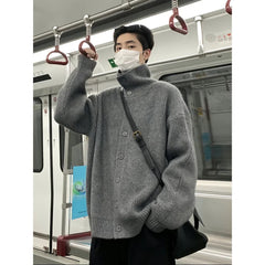 HEARUJOY  -  Men New Cardigan Single Breasted Sweaters Long Sleeve Flat Knitted Jumpers Turtleneck Solid Spliced Button High Street Loose