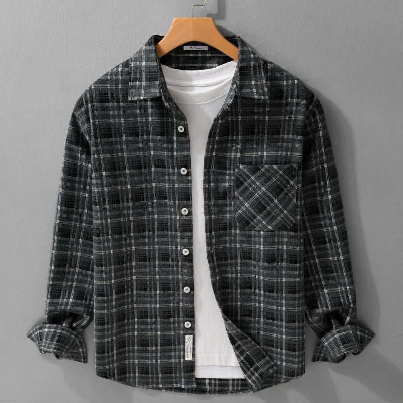HEARUJOY  -  Streetwear Plaid Plus-Size Long Sleeve Shirt for Men Fashion Versatile Literary Casual Loose Brushed Fleece Check Top Jacket