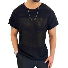 HEARUJOY  -  Comfort Men Top T-shirts O Neck Hollow Out Knitted Knitting Loose Regular Short Sleeve Solid Sports Stylish Summer