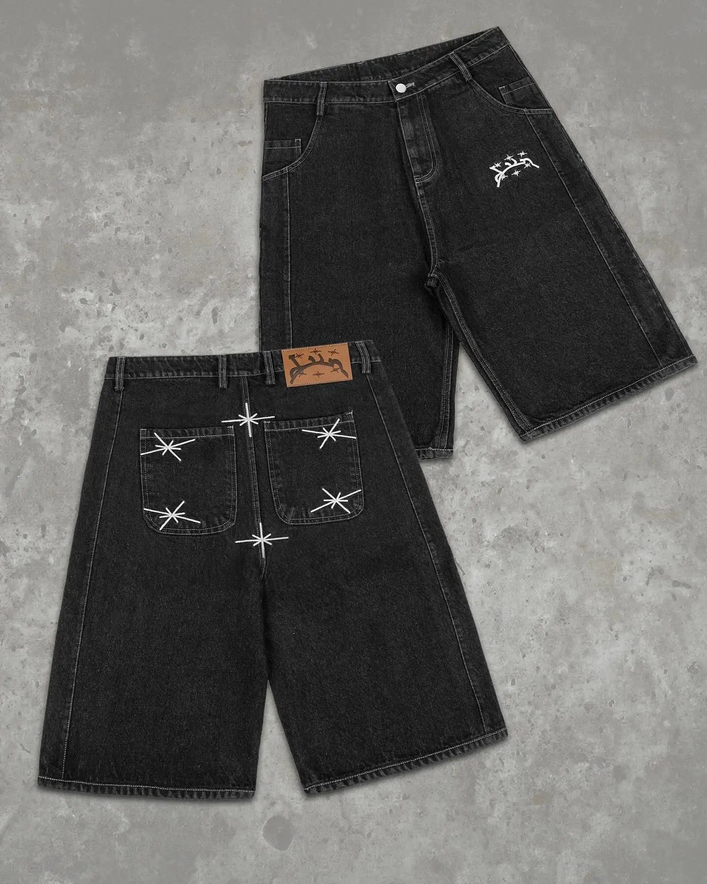 Hearujoy Street Geometry Graphic Embroidery Baggy Denim Shorts Y2k Retro Hip Hop Trendy Gym Basketball Shorts Men Women Jorts