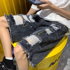 HEARUJOY  -  Loose Wide Ripped Bermuda Big Size with Pockets Half Long Baggy Oversize Short Jeans Pants for Men Man Denim Shorts Popular Emo
