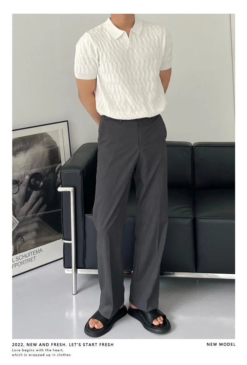 HEARUJOY  -  Summer Clothing Men's Light Luxury Knitted Jacquard Polo Shirt V-Neck Solid Color Short-sleeved Korean Popular Leisure Knitwear