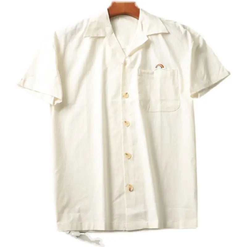 HEARUJOY  -  Japanese Linen Tops Summer Korean Style Men's Embroidered Loose Casual Cuban Collar Short-sleeved Shirt Aesthetic Academy Chic