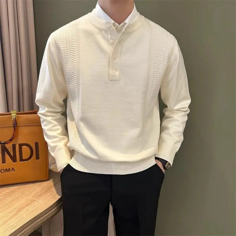 Hearujoy Men's Clothing Vintage Fashion Henry Collar Business Casual Knitted Sweater Autumn Winter Solid Long Sleeve Loose Pullover Tops