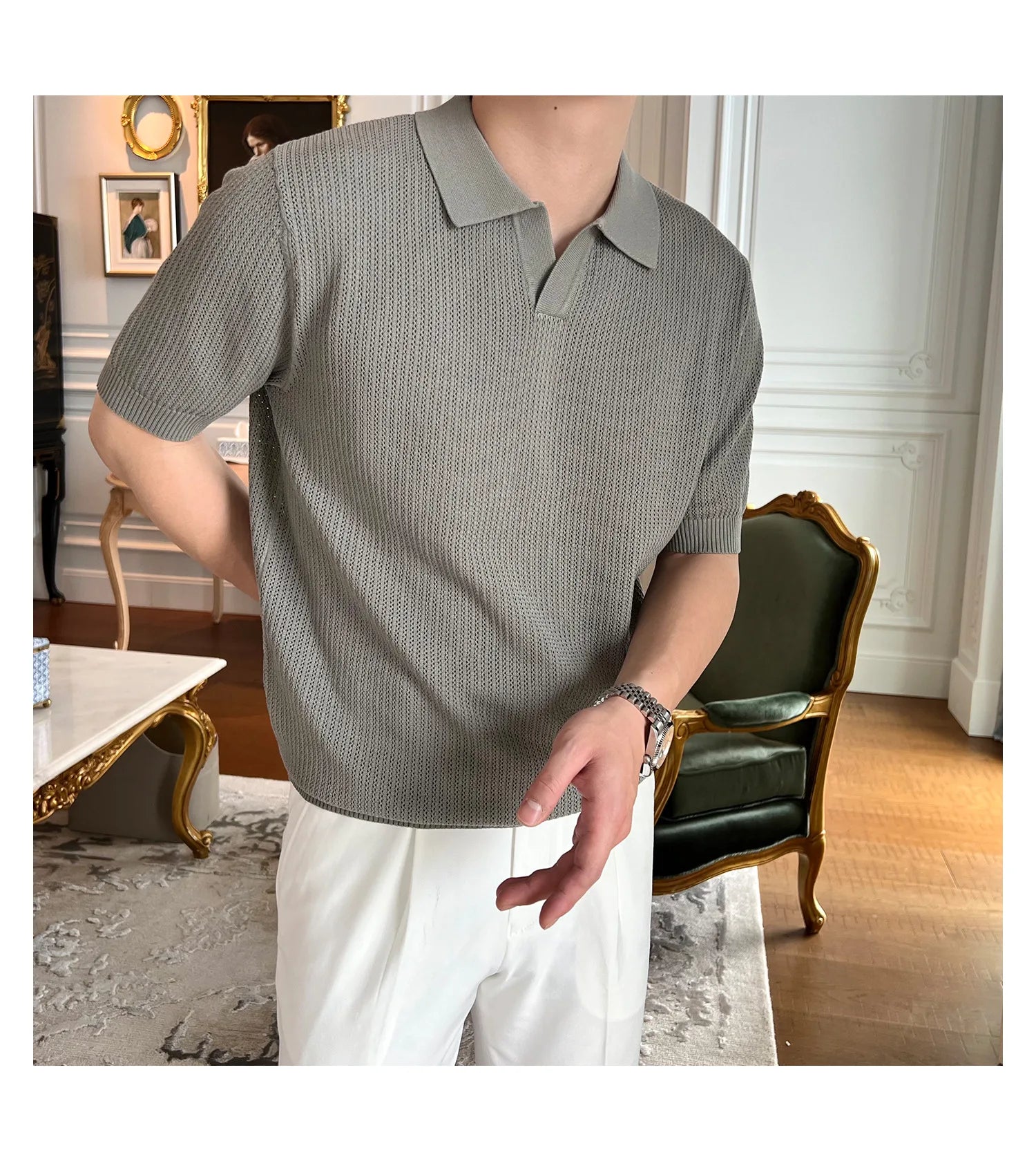 HEARUJOY  -  New Fashion Business Tops Men's Polo Shirt Light Luxury Leisure Knitted V Neck T-shirts for Man Korean Popular Short Sleeve Tees