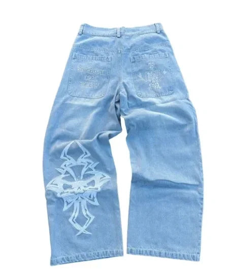 Hearujoy Y2K Retro Cross Skull Embroidery Baggy Jeans America Gothic Straight Wide Leg Denim Pants Men Women Fashion Streetwear Jogger