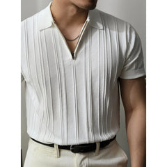 HEARUJOY  -  Summer Men Solid Zipper Knitted Polo Shirt Streetwear Fashion Male Clothes Lapel Slim Basic Business Casual Short Sleeve Tops