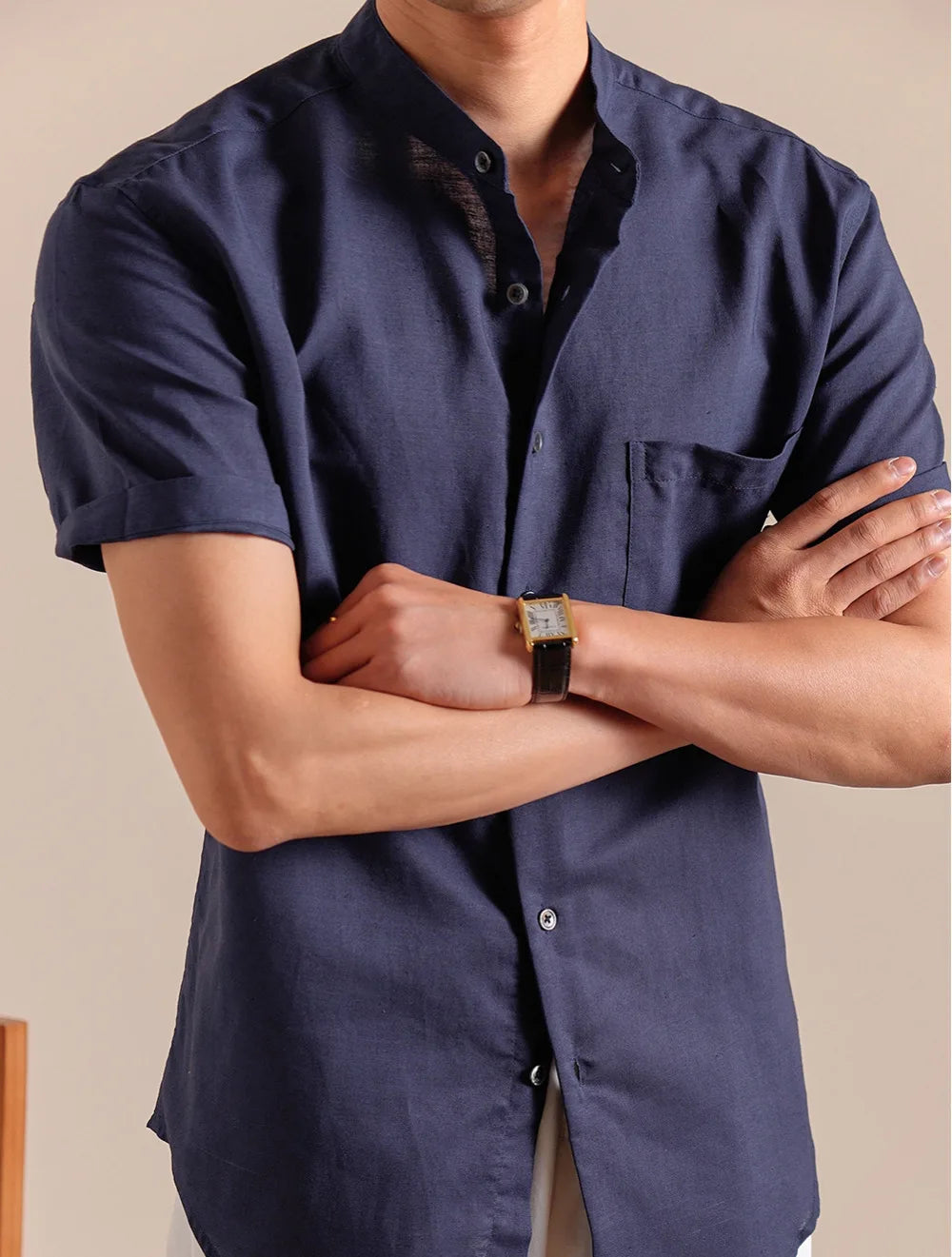 HEARUJOY  -  Natural Linen Cotton Blend Stand Up Collar Shirt Top Quality Men's Short Sleeved Casual Loose Thin Breathable Shirt 3 Colors