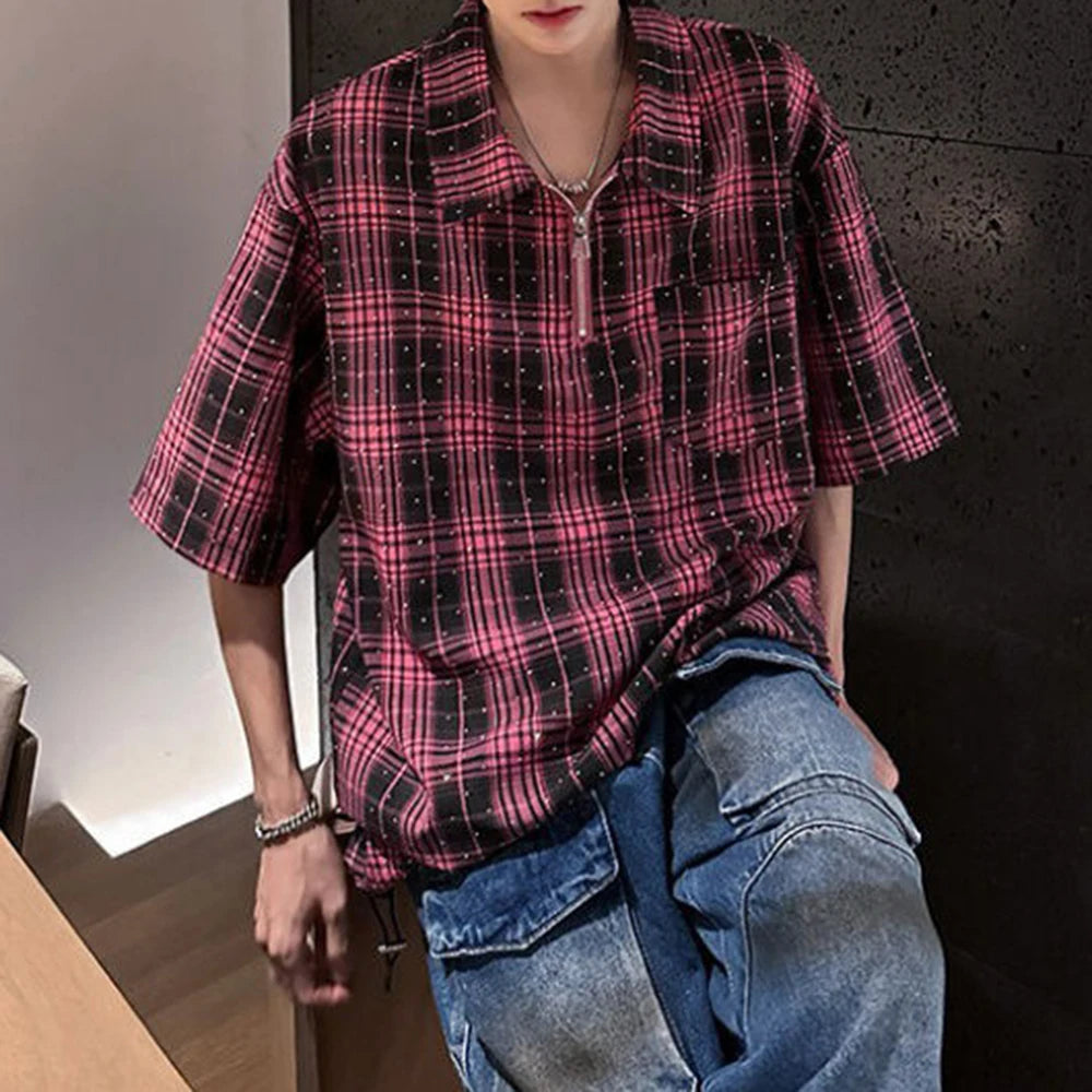HEARUJOY  -  Mens Hot Diamond Plaid Half-Zip Casual Shirt Streetwear Fashion Youth Campus Versatile Short-Sleeve Tops Men'S Clothing 2025 New