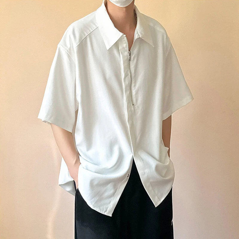 HEARUJOY  -  New Trendy Men's Shirts Half Zippers Design Solid Color Button Solid Color Lapel Short Sleeved Loose Male Shirt 24K4644
