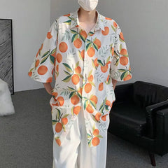 Hearujoy Orange Cute Fruit Peaches Full Print Shirts Loose Half Sleeve Summer Blouse Funny Hawaii Tops Oversized Mens Hip Hop Casual Coat