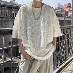 HEARUJOY  -  Summer New Men's Solid Color Crew Neck Pleated All-match Comfortable Fashionable Loose Half Sleeve Casual T-shirt Tops