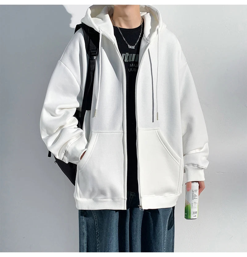 HEARUJOY  -  Spring Autumn Men's Zipper Hoodies Streetwear Casual Jacket Male Solid Color Loose Sweatshirts Simple Hooded Coats