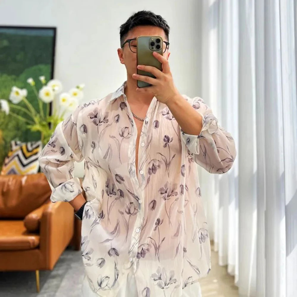 Hearujoy Men's Sexy Mesh Shirt See-through Floral Shirts Spring Summer New Long-sleeved Blouse Trend Fashion Home LGBT Casual Clothing