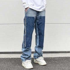 Hearujoy High Street Patchwork Ripped Black Jeans Pants for Men Straight Retro Casual Sashes Pockets Denim Trousers Oversized Loose Jean