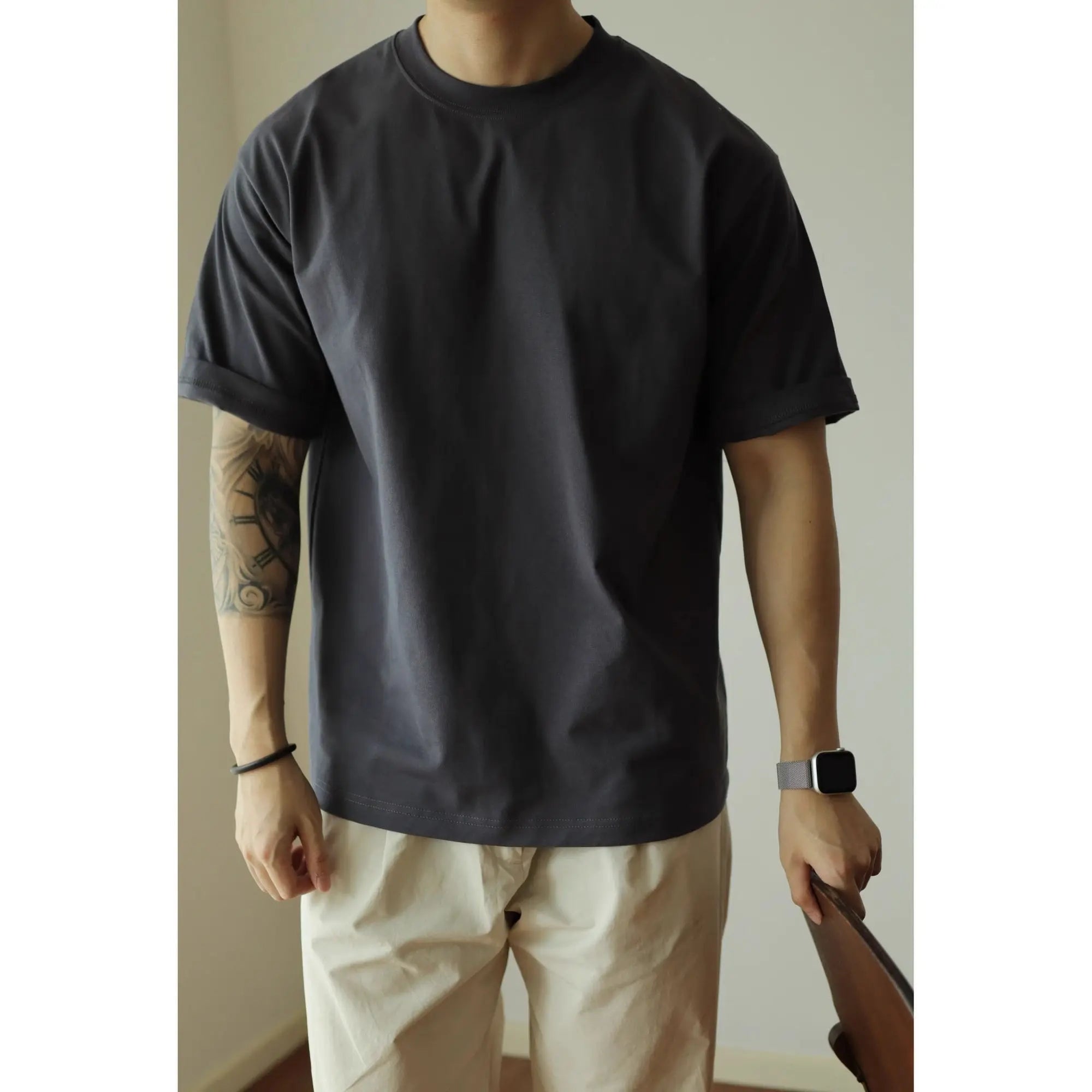 HEARUJOY  -  T-shirt American Pure Cotton Tough Guy Solid Color Men Short-sleeved Round Neck Couple Casual Versatile Business Base Shirt
