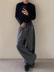 HEARUJOY  -  Men's Casual Pants Sword Way ey And Bla Plaid Loose Wide Leg Floor Length Spring Autumn High Waist Zipper Fly Straight Tube