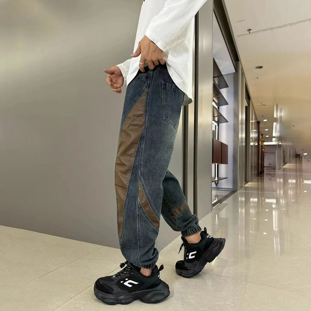 Hearujoy Mens Street Hip-Hop Y2k Jeans Autumn New Fashion Trend Contrast Color Stitching Trousers Loose Slim Elastic Waist Harem Pants