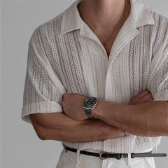 HEARUJOY  -  Men's Solid Color Hollow Short-Sleeved Shirt American Retro Fashion Trend Simple Casual Loose Breathable Summer New Men's Tops
