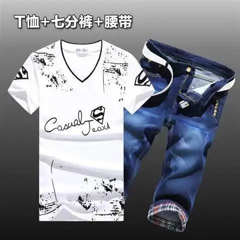 HEARUJOY  -  Summer Men Set Cotton T-Shirts Denim shorts New Tide Cowboy Shorts two Piece suits  Handsome Men's Sets