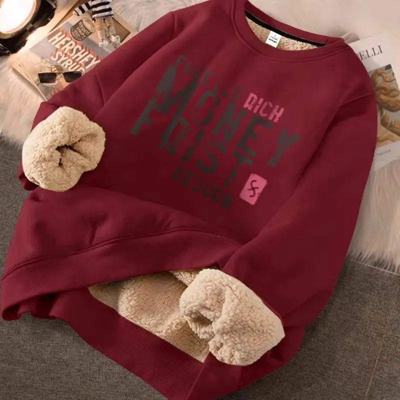 Hearujoy Lamb Fleece Plus Fleece Hoodie Round Neck Top Loose New Warm Couple Outfit Trendy