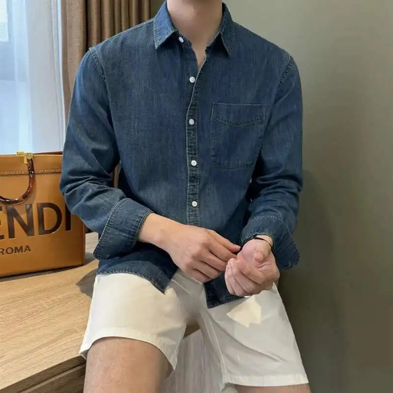 HEARUJOY  -  Lapel Collar Cotton Blend Denim Shirt Long Sleeve Shirt Retro Shirt British Versatile Casual Shirt Man Camisa Social Masculina