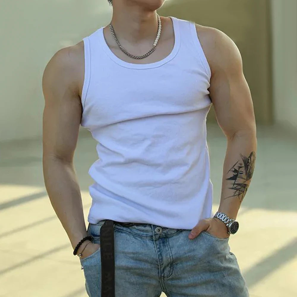 HEARUJOY  -  Mens Sexy Shaping Sports Fitness Casual Cotton Vest Genderless American Street Elastic Slim Solid Color Tank Top Unisex