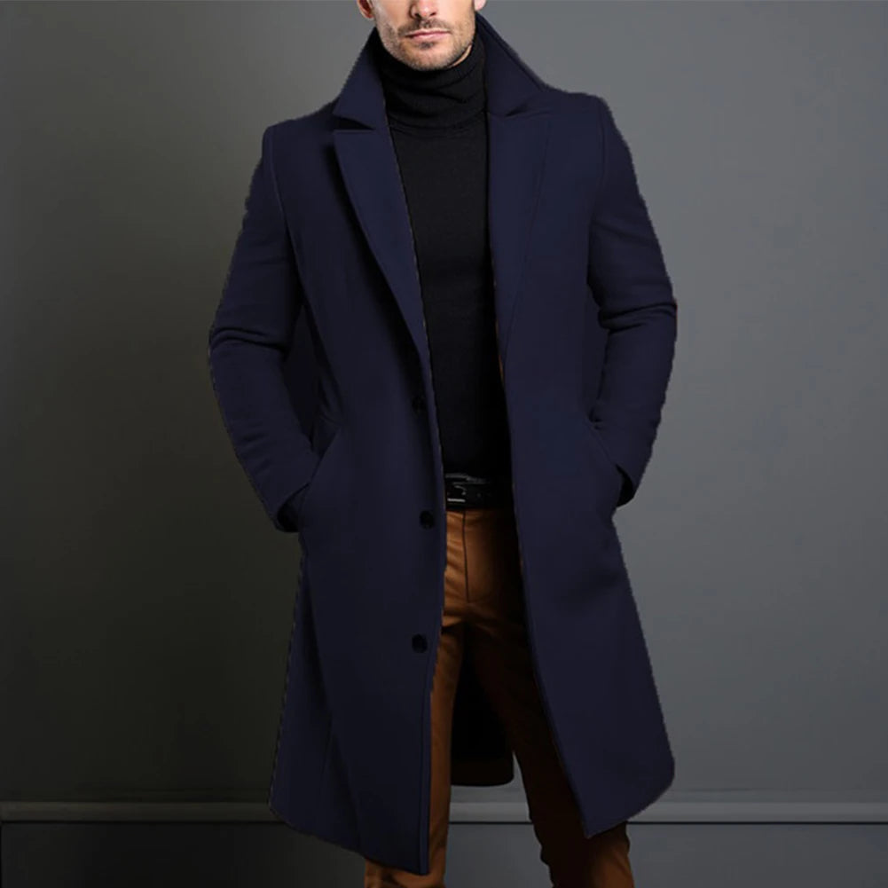 HEARUJOY  -  Long Black Trench Slim Jacket Mens Single Breasted Solid Vintage Full Sleeve Overcoats Tops Keep Warm