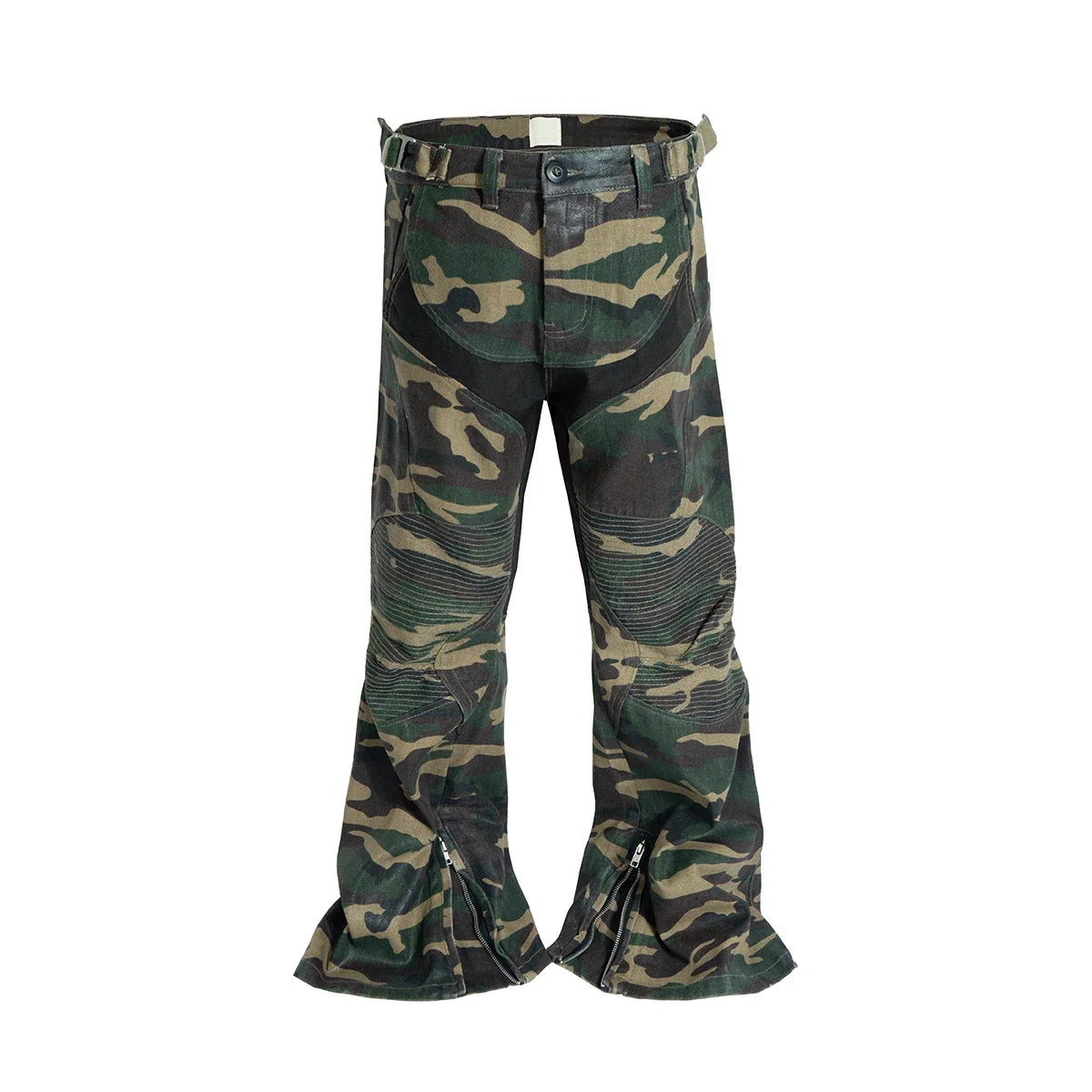 Hearujoy Camouflage Coated Micro Flared Motorcycle Pants for Men Patchwork Baggy Jeans Ankle Zipper Boot Cut Oversized Denim Cargos