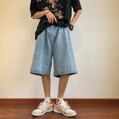 Hearujoy Summer Denim Shorts for Men Korean Harajuku Retro All-Match Baggy Straight Bottoms Wide-Leg High Street Five-Point Jeans Pants