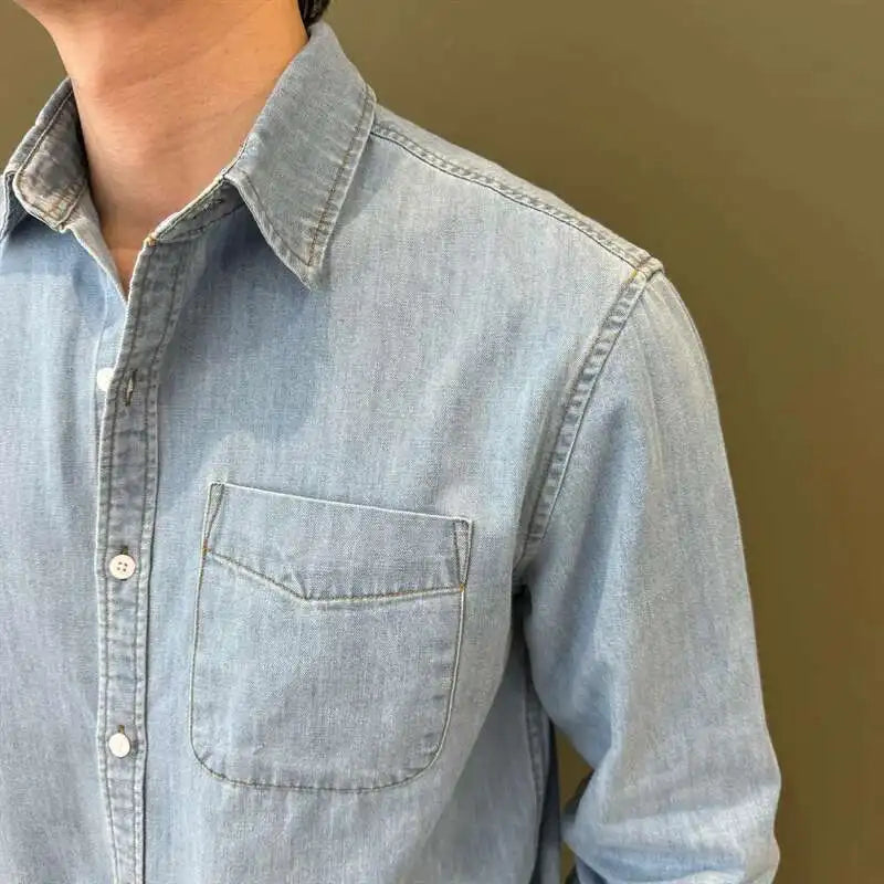 HEARUJOY  -  Lapel Collar Cotton Blend Denim Shirt Long Sleeve Shirt Retro Shirt British Versatile Casual Shirt Man Camisa Social Masculina