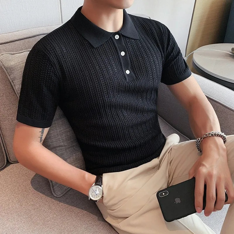 HEARUJOY  -  Summer Men's Clothing Luxury Hollow Out Knitted Polo Shirt Retro Solid Color Short-sleeved Korean Popular Knitwear Leisure Tees