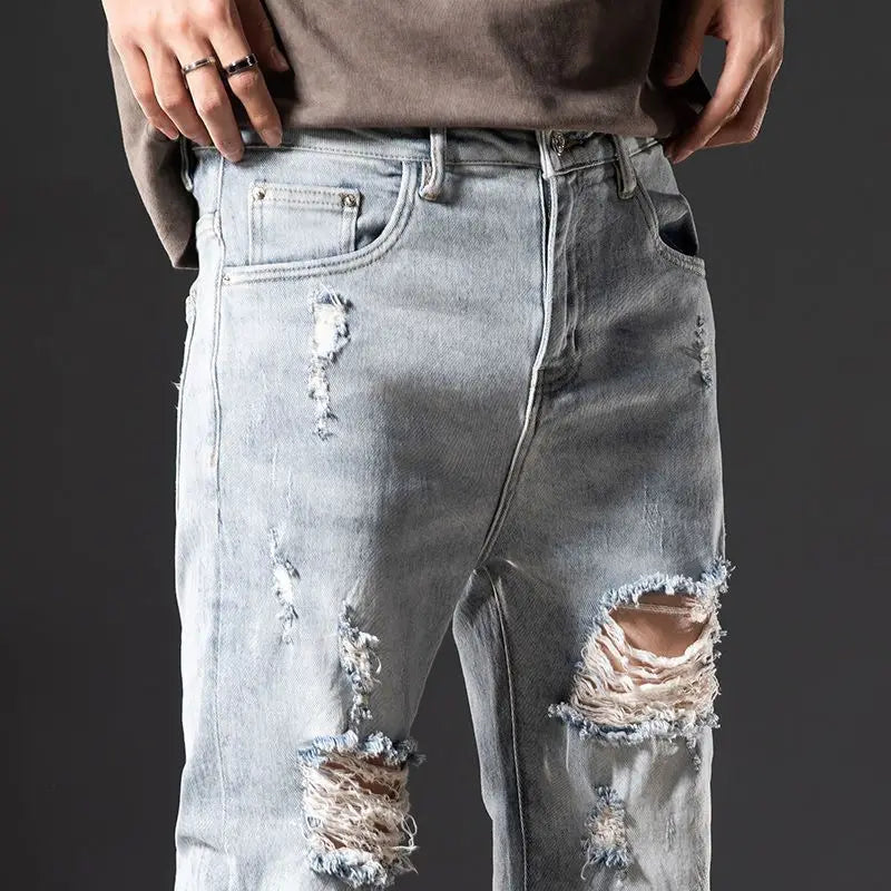 HEARUJOY  -  Beggar Streetwear Hole Slim Men Summer Korean Chic Small Feet Locomotive Light Blue Elastic Casual High Street Distressed Jeans