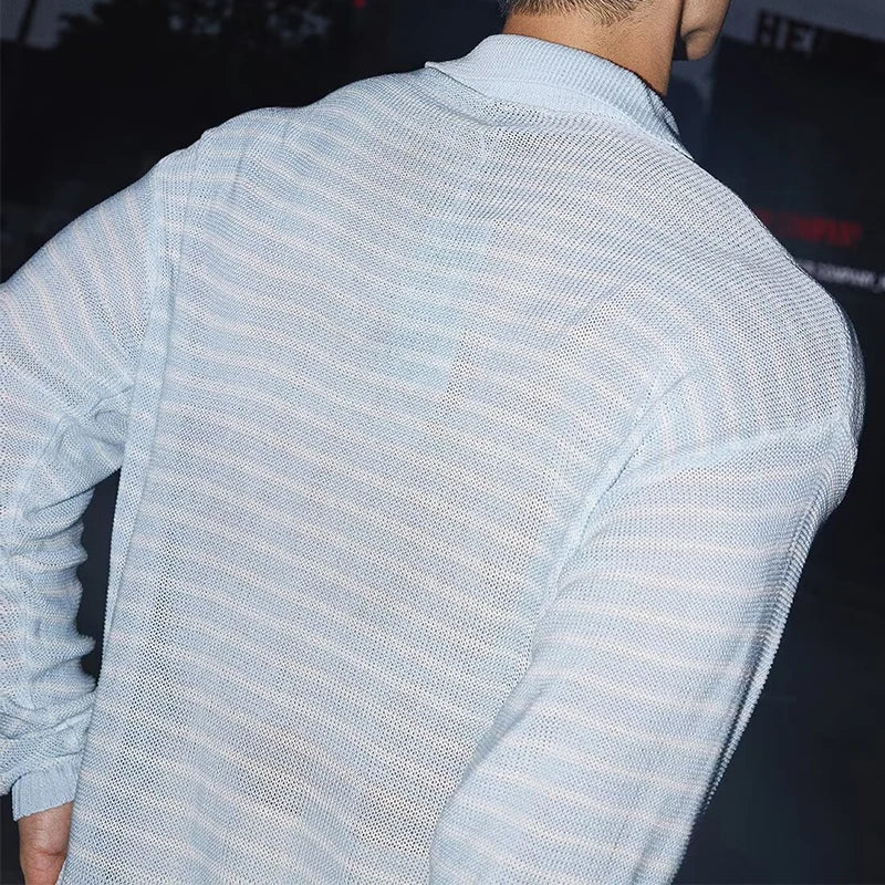 HEARUJOY  -  Stylish Striped Textured Polo Shirts Mens Vintage Hollow Out Knitted Tops Men Spring Autumn Casual Breathable Knitting Pullover