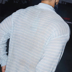 HEARUJOY  -  Stylish Striped Textured Polo Shirts Mens Vintage Hollow Out Knitted Tops Men Spring Autumn Casual Breathable Knitting Pullover