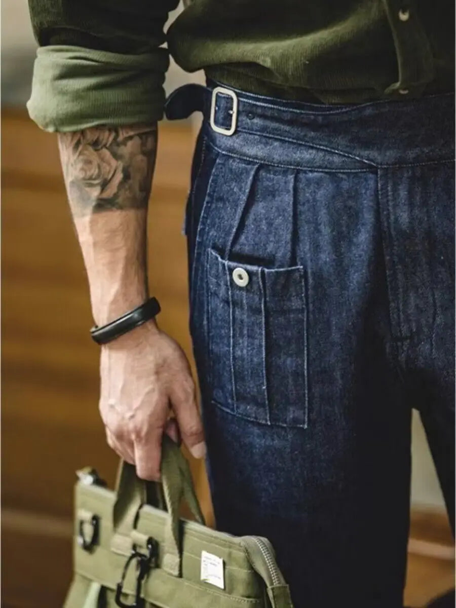 HEARUJOY  -  High Street Men Gurkha Jeans Cargo Pants Adjustable Waist Buckle Naples Trousers American Vintage Casual Loose Denim Pants