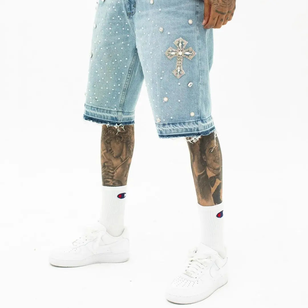 Hearujoy Diamond Embroidery Sweatpants Hip Hop Gothic Cross Print Shorts and Pants Men Hrajuku Pattern Casual Wide Leg Y2k Pants