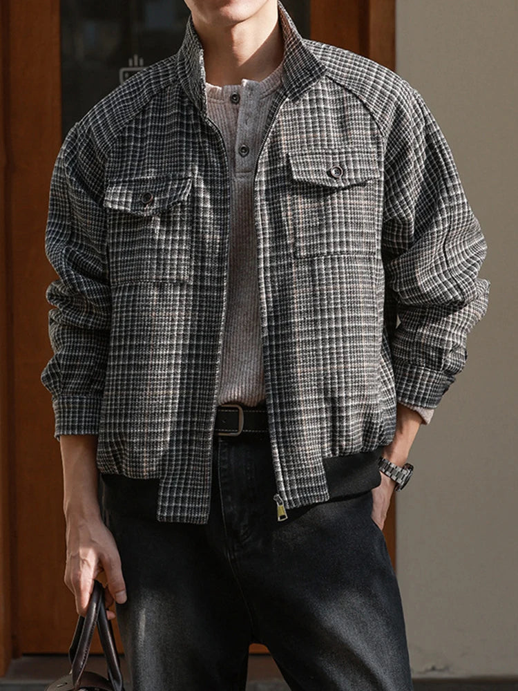 HEARUJOY  -  New Casual Zip-up Stand Collar Men's Jackets 2025 Autumn Winter Outdoor Fashion Houndstooth Jacket Coats men Stylish Outerwear