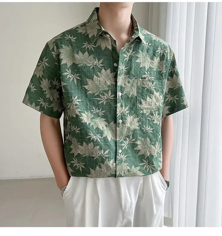 HEARUJOY  -  Loose Maple Leaf Flower Shirt Men's Short-sleeved Mature Style Casual Five-point Sleeves