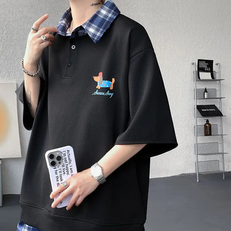 HEARUJOY  -  Dog Embroidery Plaid Polo Short Sleeve T-Shirt 2025 Summer Retro Couple T-shirts Splicing Fake Two Pieces Simple Tops