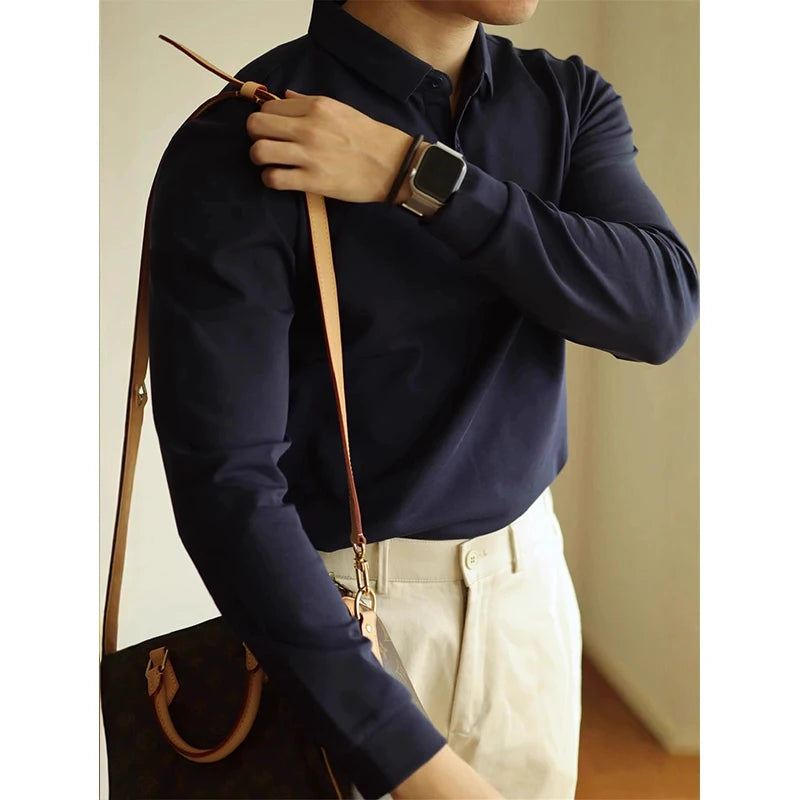 HEARUJOY  -  New American Retro Men Polo Shirt Light Luxury Solid Color Slim-fit Commuting Long Sleeve T-shirt Leisure Business Pullover Tops