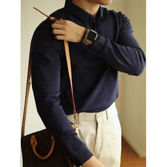 HEARUJOY  -  New American Retro Men Polo Shirt Light Luxury Solid Color Slim-fit Commuting Long Sleeve T-shirt Leisure Business Pullover Tops