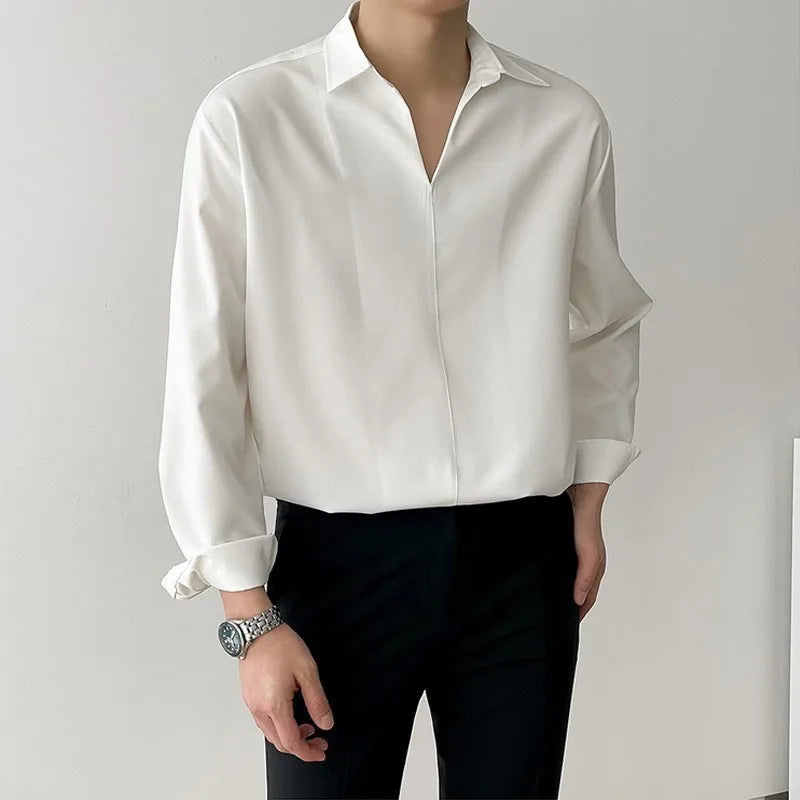 HEARUJOY  -  Men's Luxury V Neck Pullover Shirts Casual Solid Color Korean Fashion Clothes Long Sleeve High Quality Tops Spring 2025 New