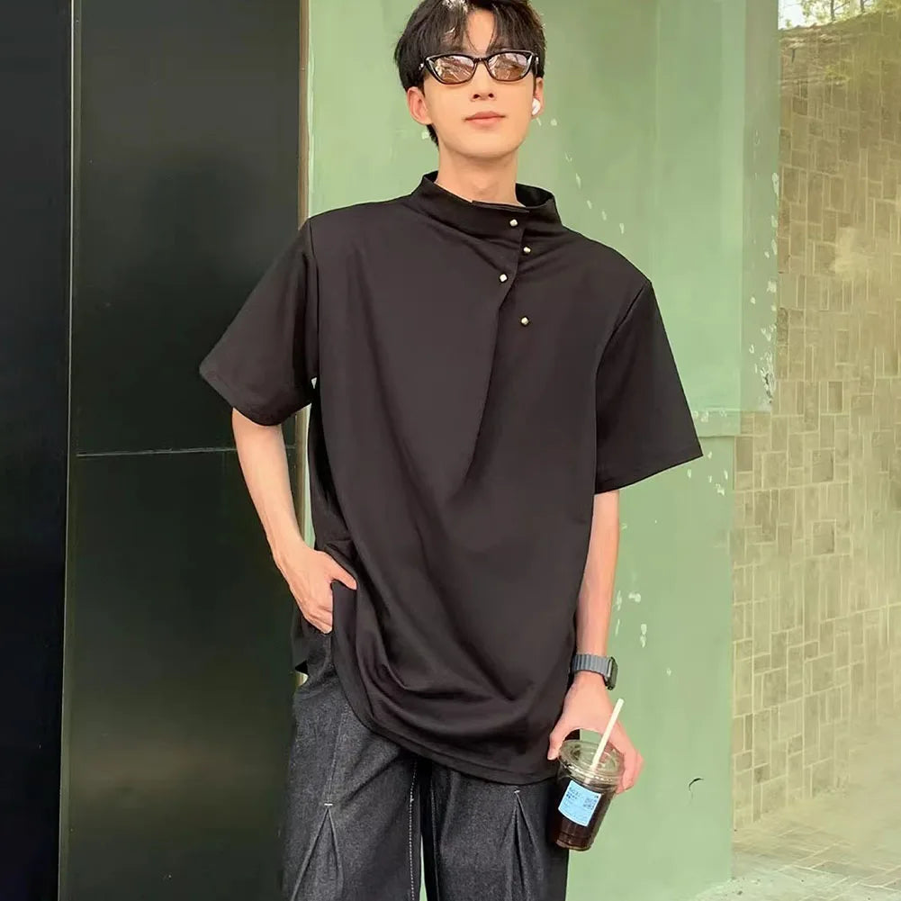 HEARUJOY  -  Men Korean Stand Collar Retro Casual Tee Tops Short Sleeve Street Wear Men's Loose T-Shirt Breathable