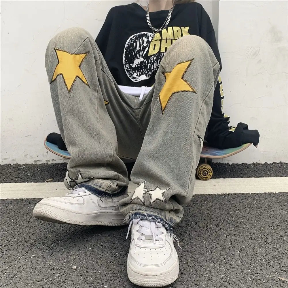 Hearujoy Y2K Mens Retro Streetwear Hip Hop Stars Straight Fairy Grunge Jeans for Men Denim Pants Wide Leg Oversized Alt Trousers Clothes