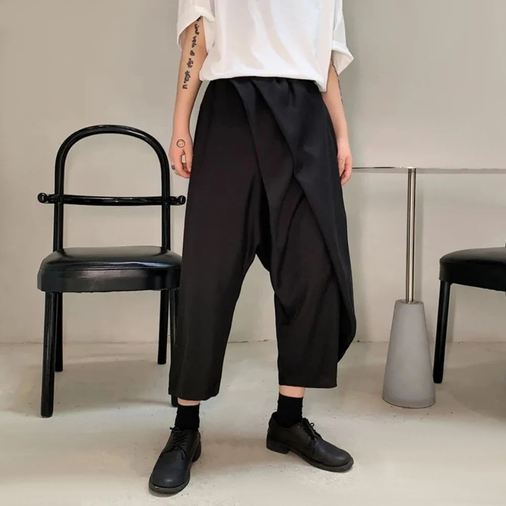 Hearujoy Men Double-Layer Irregular Pleated Wide-Leg Pants 2024 New Genderless Dark Style Retro Loose Solid Color Nine-Point Pants Unisex