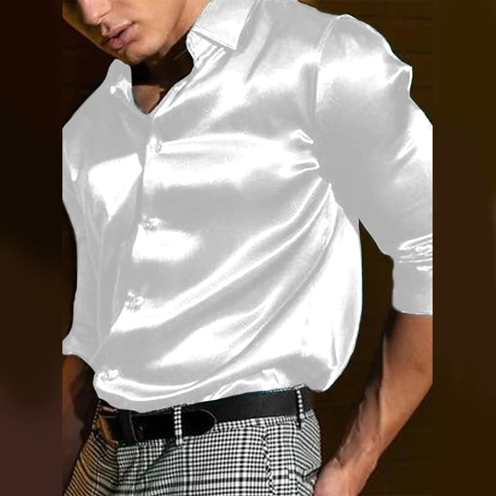 HEARUJOY  -  Men's Satin Silk Dress Shirt Long Sleeve Casual Button Down Shirts Disco Club Fashion Blouse Top New