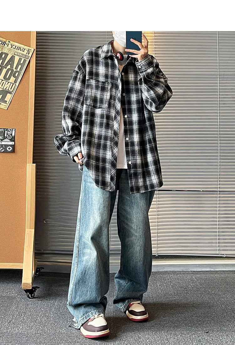 HEARUJOY  -  5XL Long Sleeved Shirt Men Oversized Retro Plaid Shirt Men Japanese Streetwear Loose Casual Shirt Mens Vintage Shirts Plus Size