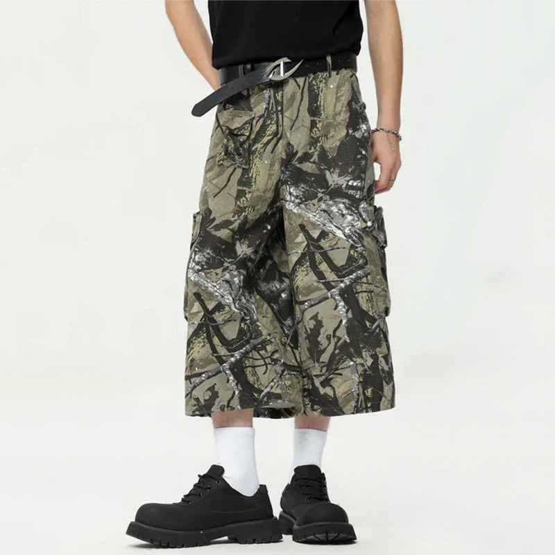 Hearujoy American Style Men Graffiti Cropped Trousers Summer Fashion Casual  Straight Wide Leg Male Shorts Camouflage Color 9C6630